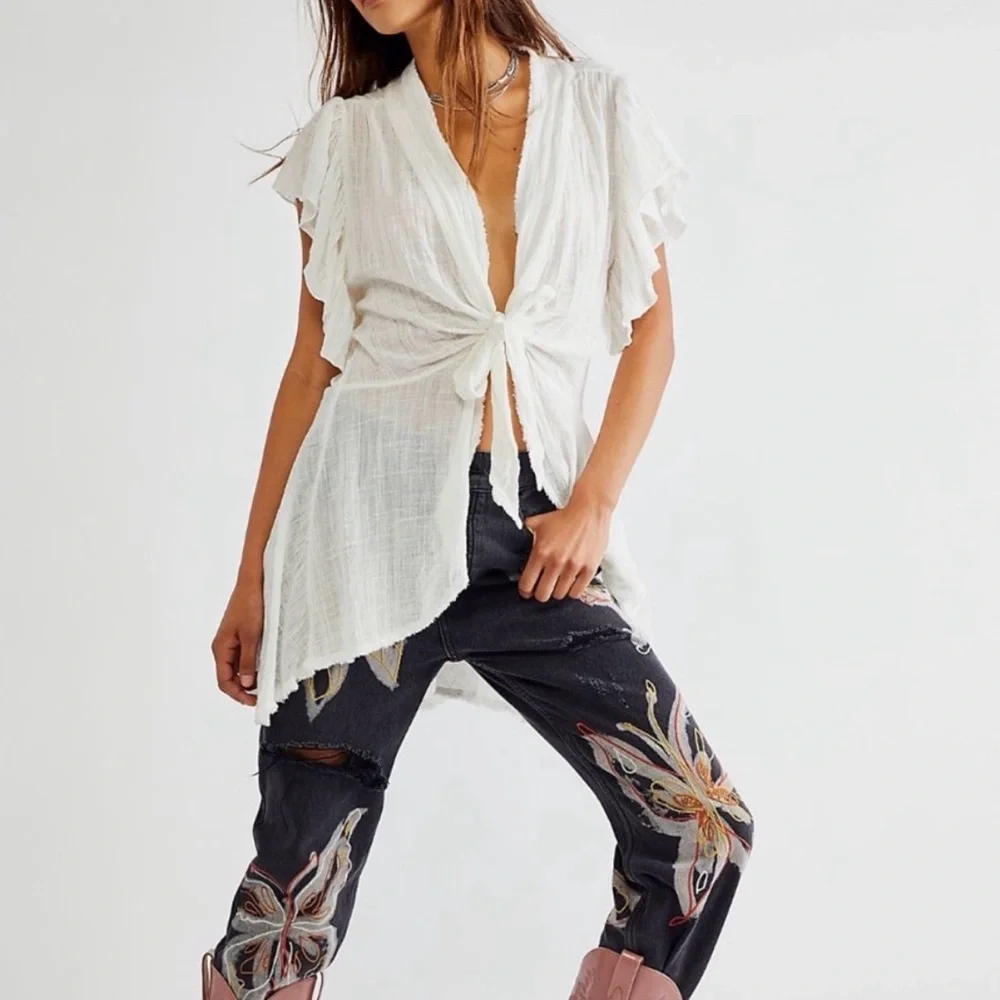 Free People One Angie Textured Gauze Front Tie Boho Top - Picture 5 of 15
